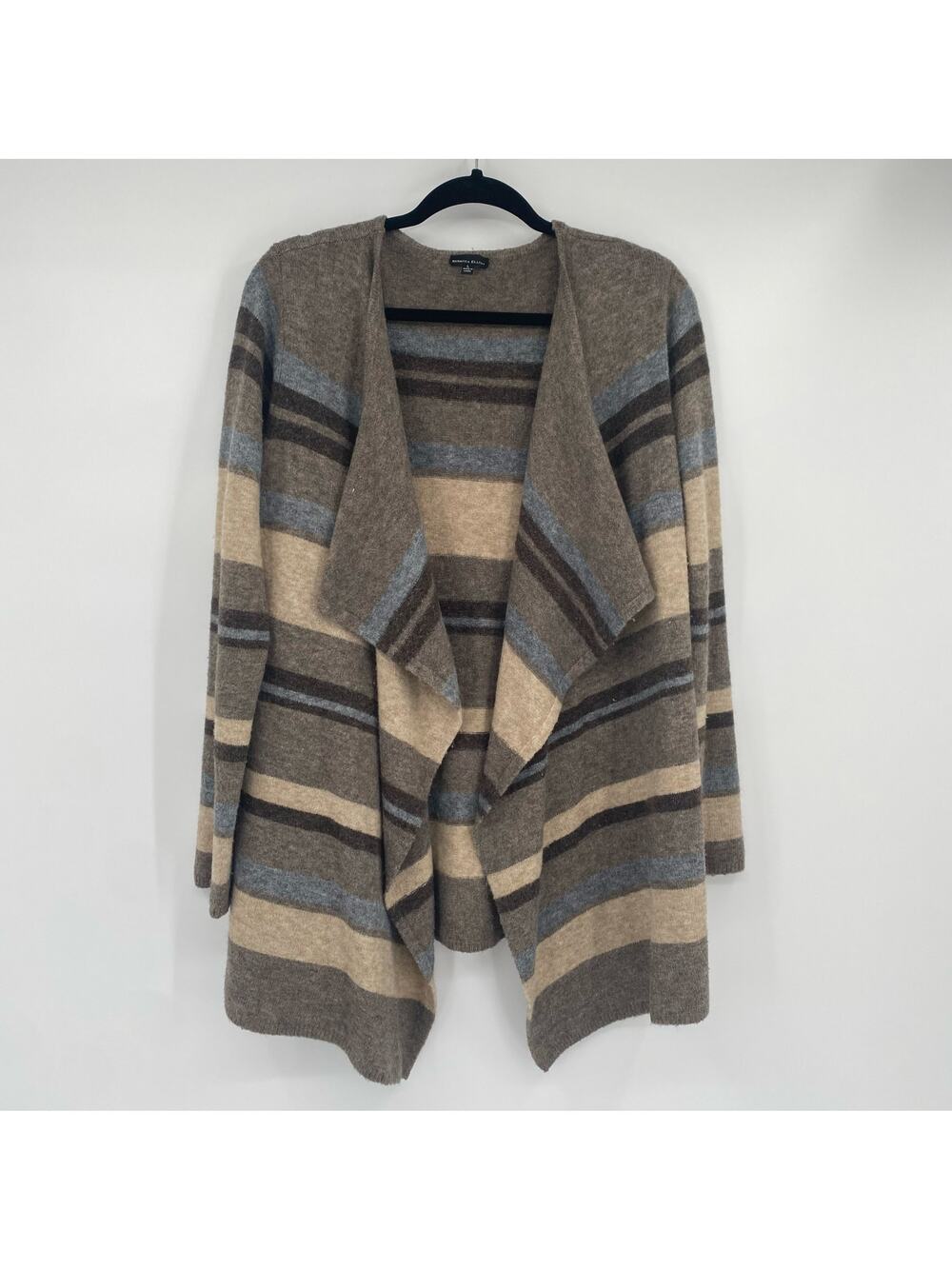 Rebecca Elliot Women's Brown Tan Blue Striped Waterfall Cardigan Size Large
